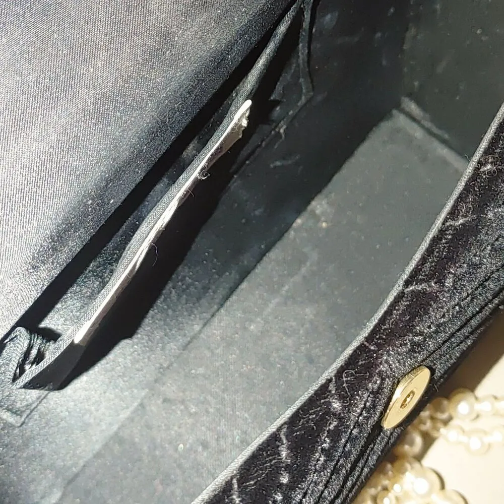 Black Velour Columbine Faux Pearl Rhinestone Vintage Purse Bag Crossbody - Image 9