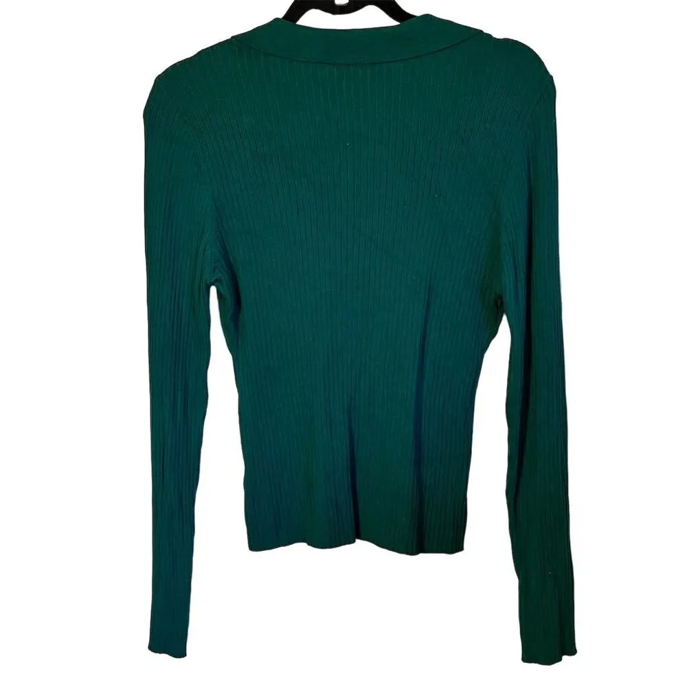 Alice Blue Women's XL Green Ribbed Collared Button-Up Cardigan Sweater - Image 2