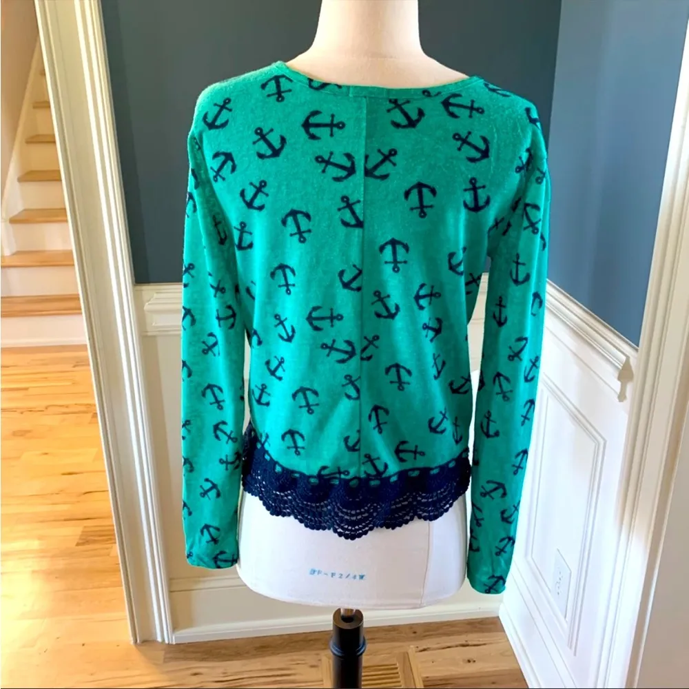 Nautical Lightweight Sweater Pullover Top Green Navy Anchors Roomy XS Womens - Image 10