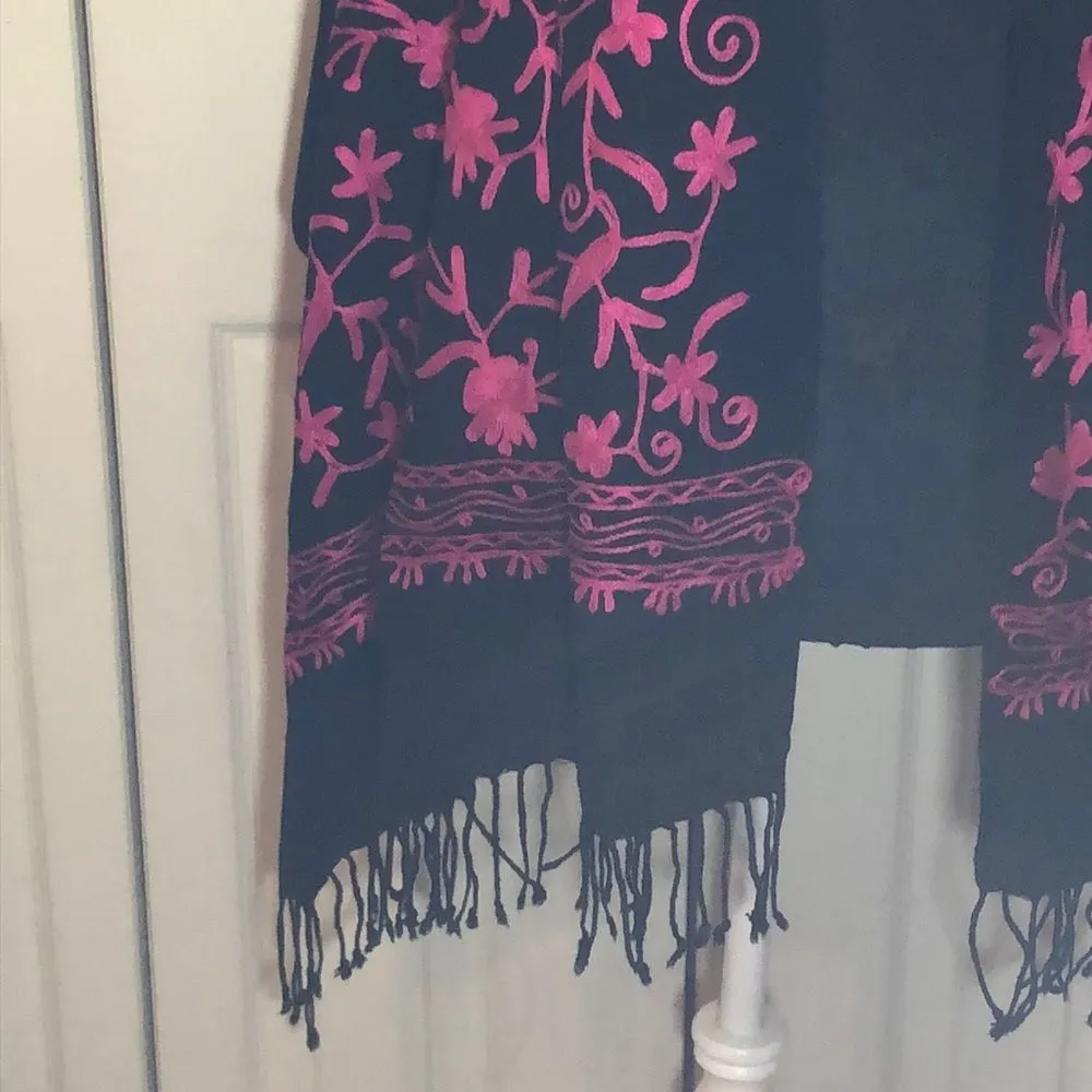 Wide Black Scarf Pink Embroidery Fringed Ends - Image 4