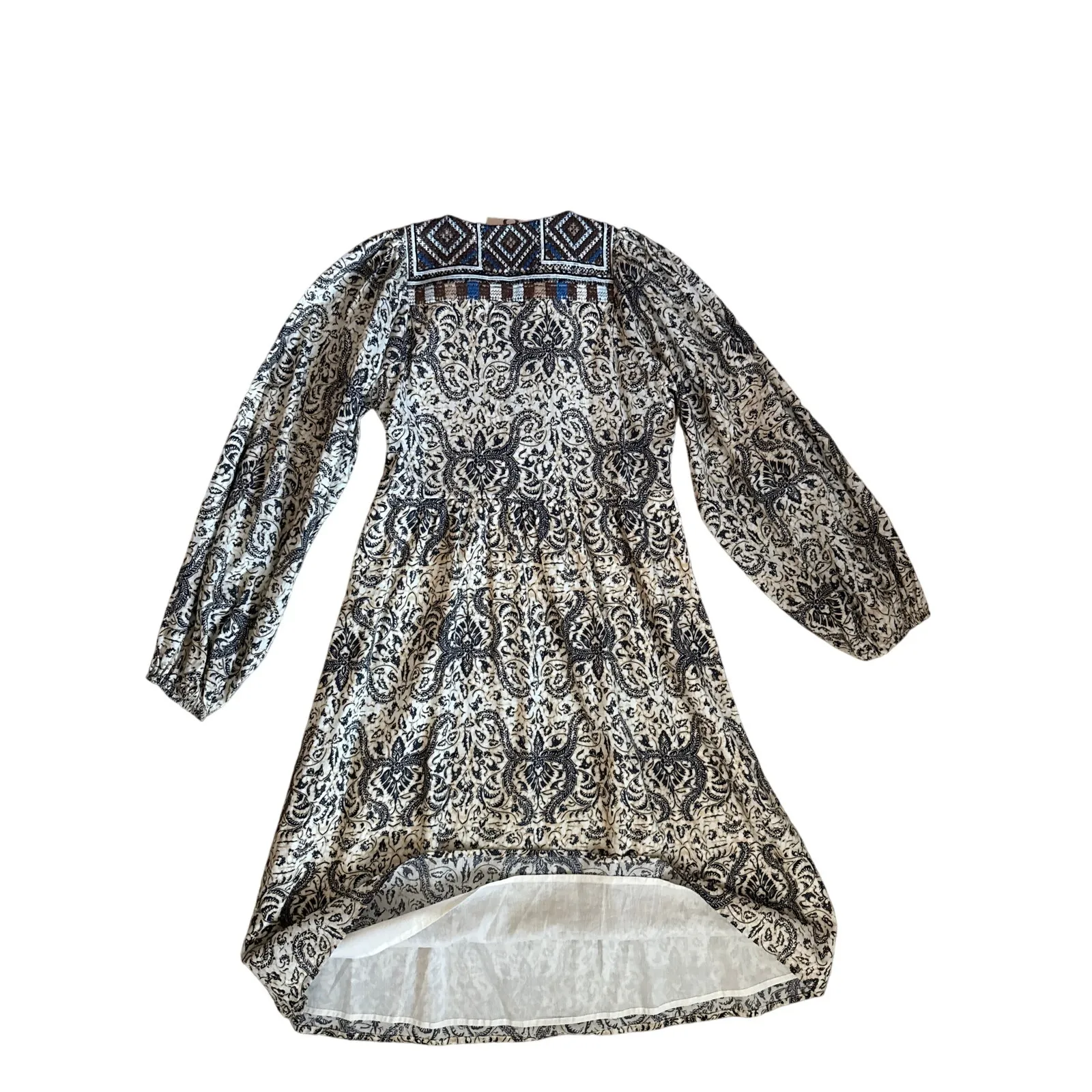 FIGUE Boho Baltic Embroidered Pom Pom Lucie Mini Puff Sleeves Dress Size XS Brown - Image 12