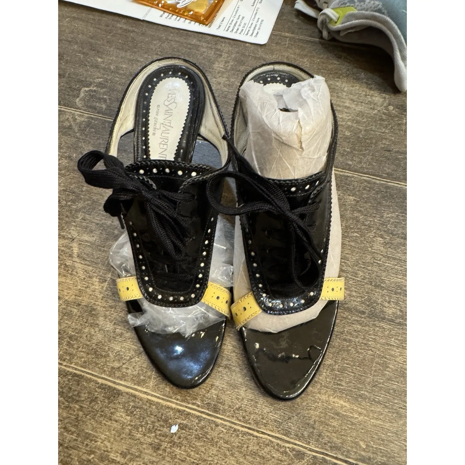 Vintage Yves Saint‎ Laurent YSL Lace Up Kitten Heel Sandal Art Deco Size 37 Black - Image 10