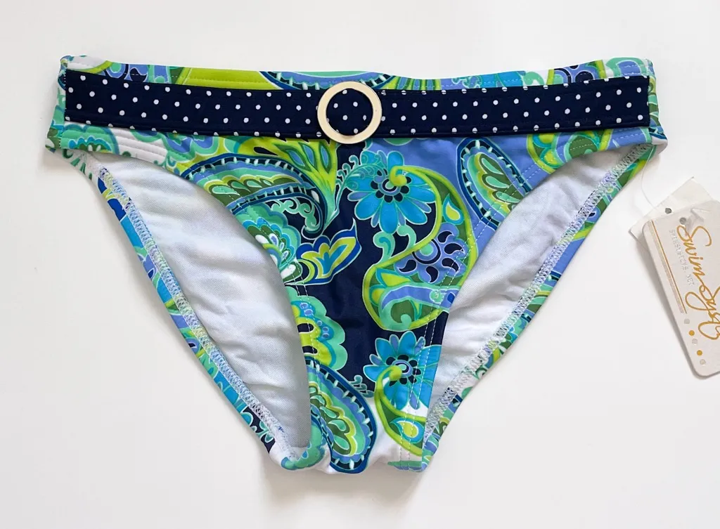 Swim Systems Belt Ring Low Rise Port Royal Paisley Polka Dot Bikini Bottom NWT Blue Size XS - Image 1