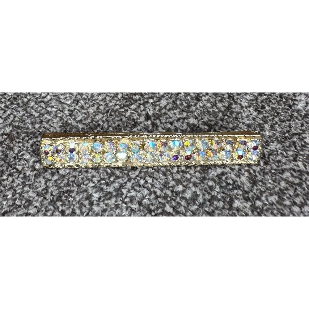 Vintage Iridescent Rhinestone Bar Pin Goldtone Brooch Costume Jewelry 2.5" - Image 2