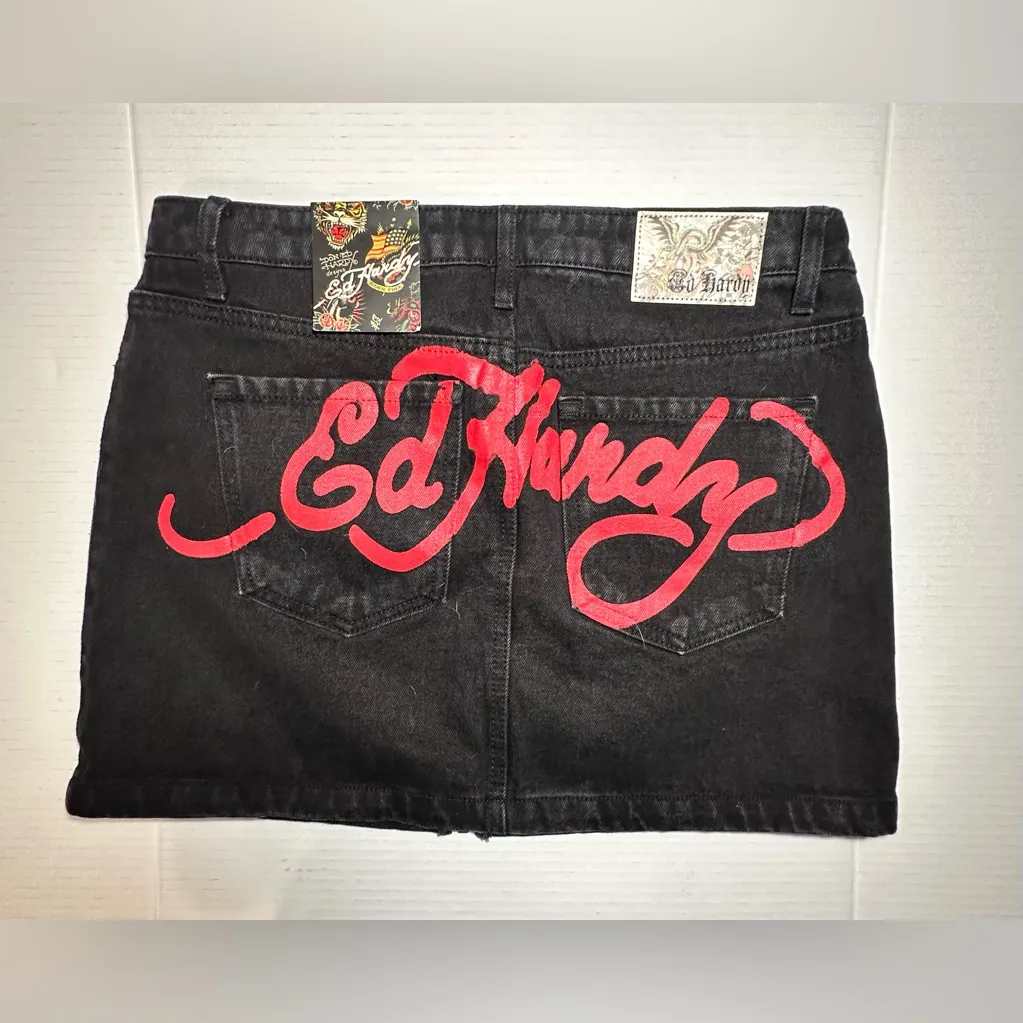Ed Hardy‎ Tigers Zipper Front Mini Denim Skirt Black Colorful Graphic Design L - Image 2