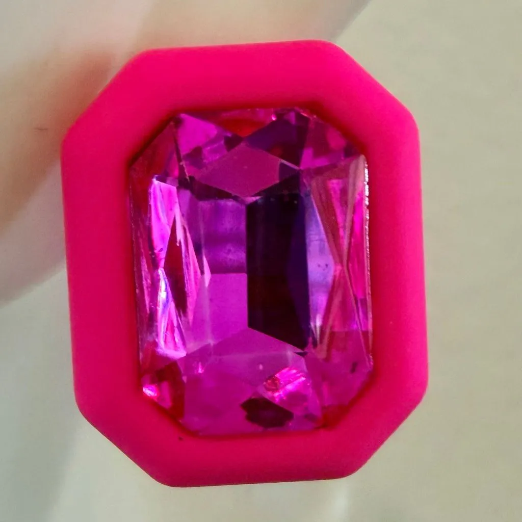 Hot Pink Acrylic Statement Stud Earrings with Magenta Crystal - Image 6