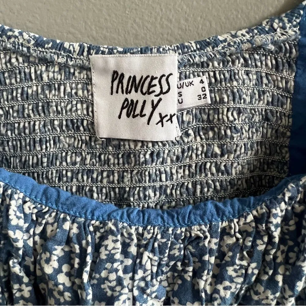 Princess Polly The Meadow Top Blue White Floral Size 4 Puff Sleeve Crop Top - Image 5