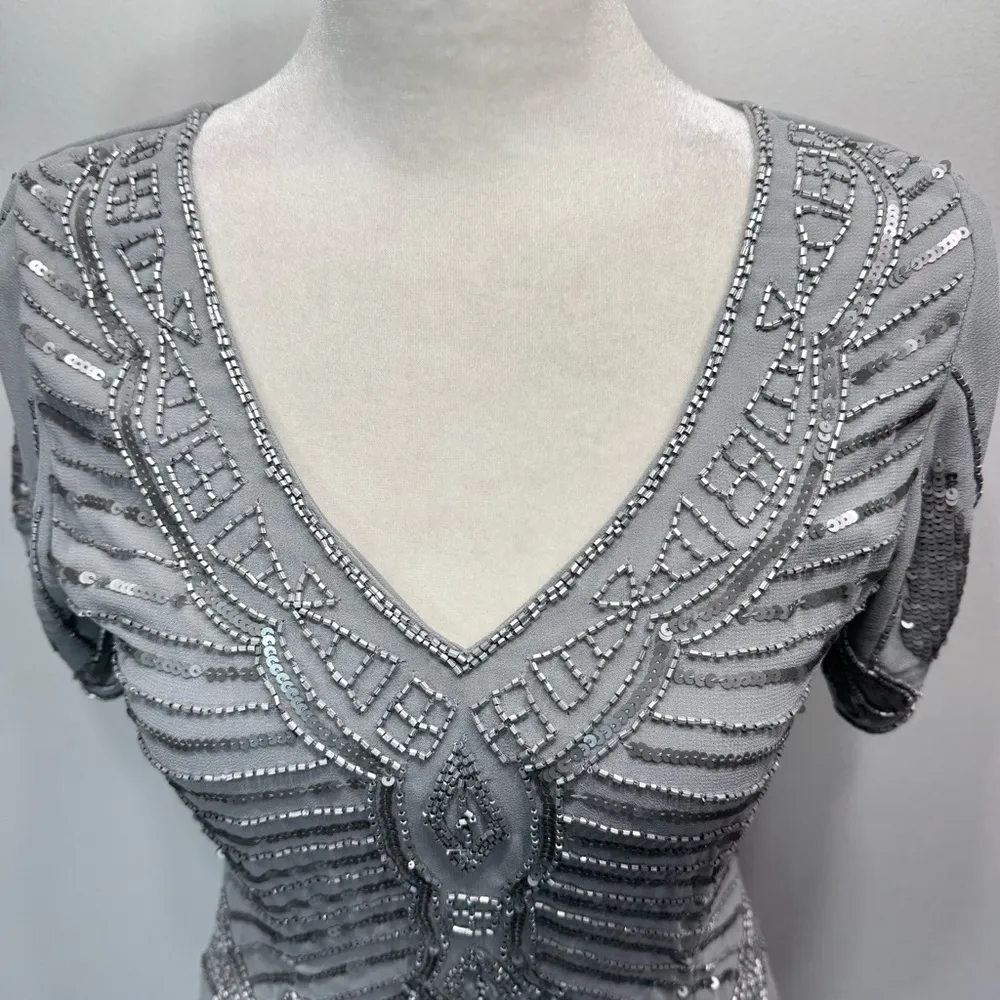 Silver Beaded Sequined Dress Short Sleeve V Neck Cocktail Party by Lace & Beads - Image 7