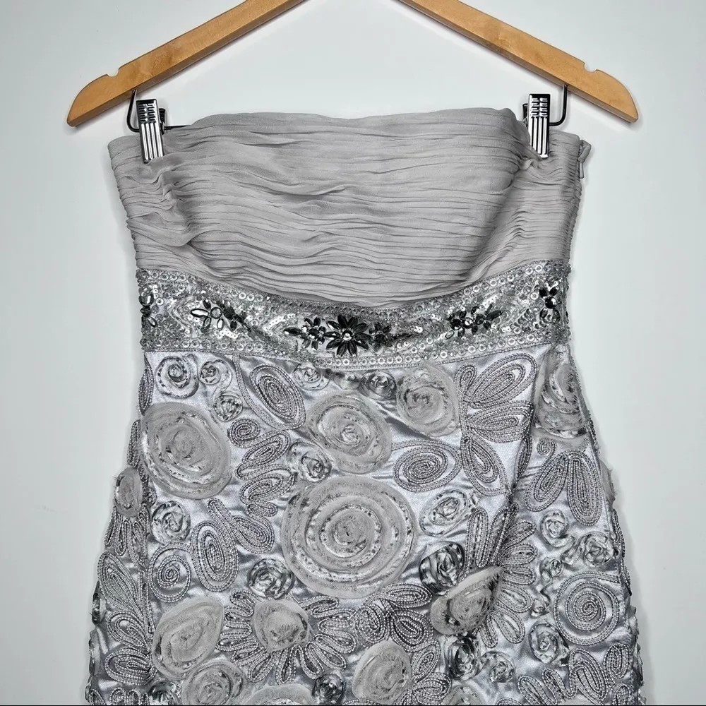 Sue Wong Silver Strapless Silk Blend Beaded Cocktail Dress Size 4 - Image 6