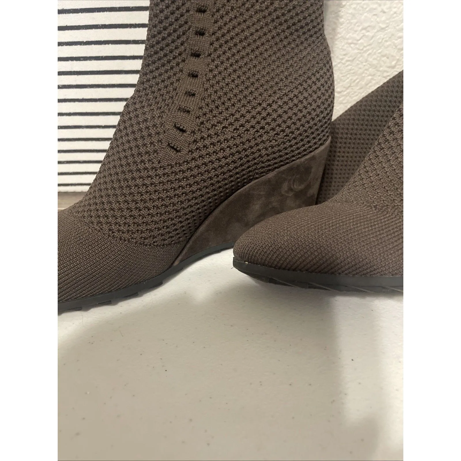 Eileen Fisher Kasana Chocolate Brown Knit Wedge Boots Mesh Stretch VNC 6.5 - Image 3