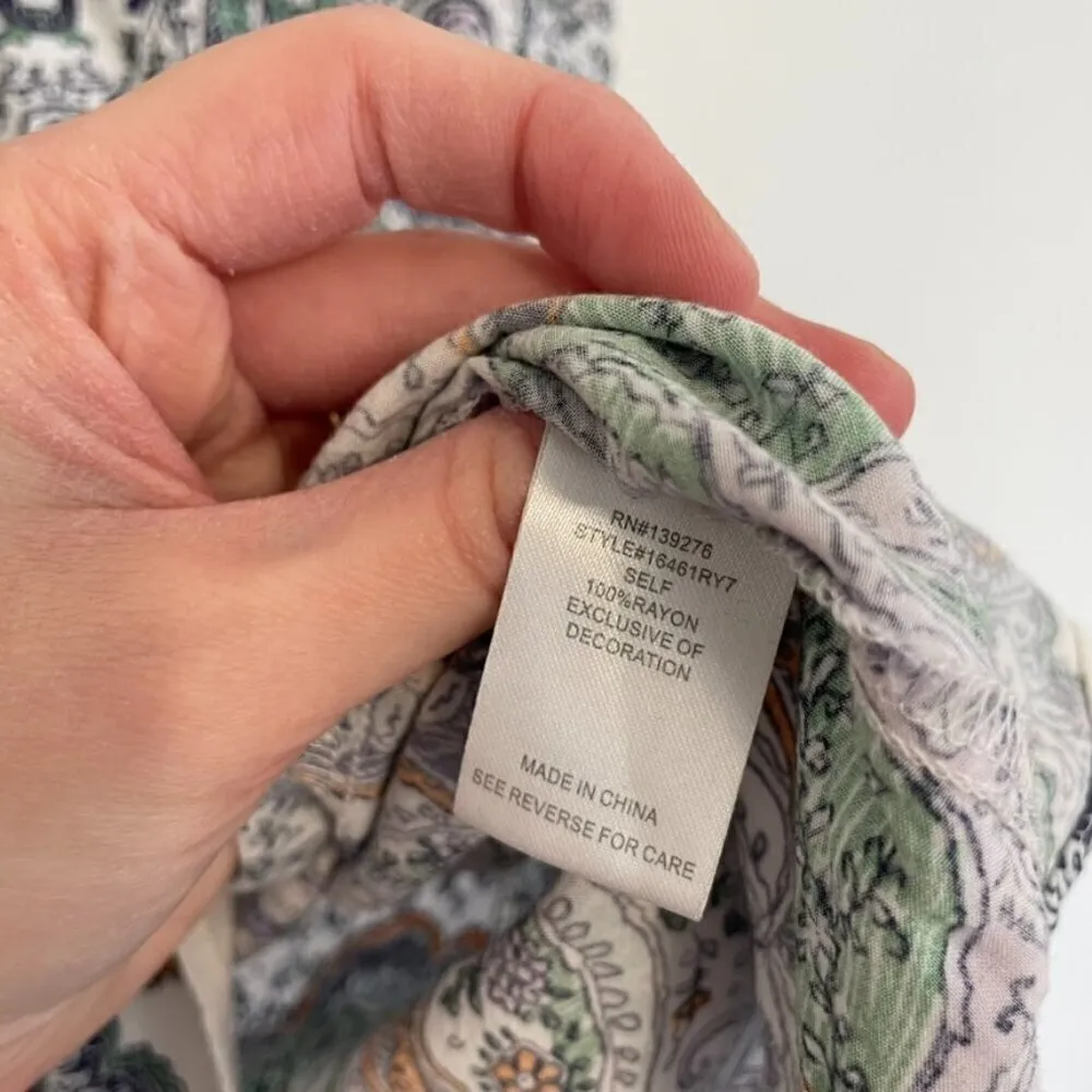 DANIEL RAINN White Navy Blue Paisley Embroidered Trim Tassel Tie Cap Sleeve Top - Image 9