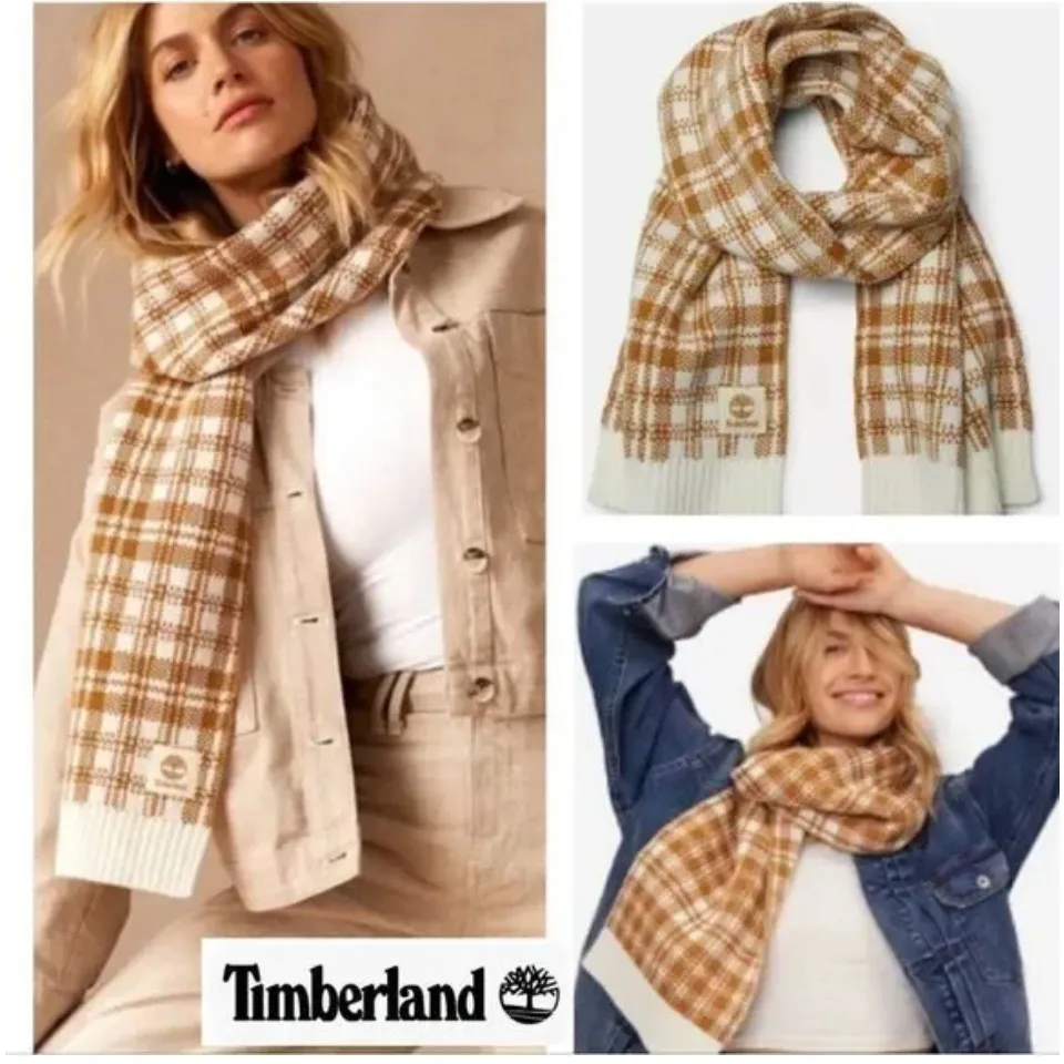 Timberland Buffalo Plaid Wheat and Ivory Scarf NWOT - Image 5