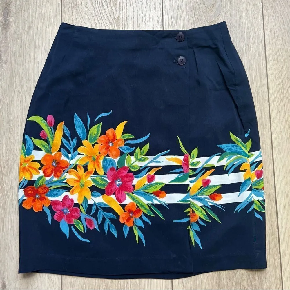 Tofy Vintage Floral Button Side Wrap Skirt Navy White Stripes Tropical Flowers Blue Size M - Image 7