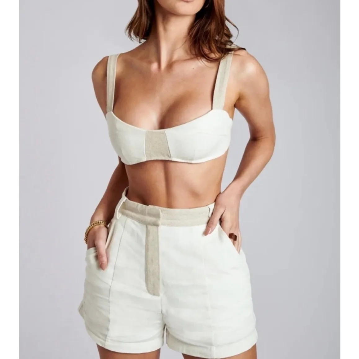 Meshki Yalda Beige Linen Colorblock Sleeveless Bustier Scoop Neck Crop Top Sz S - Image 9