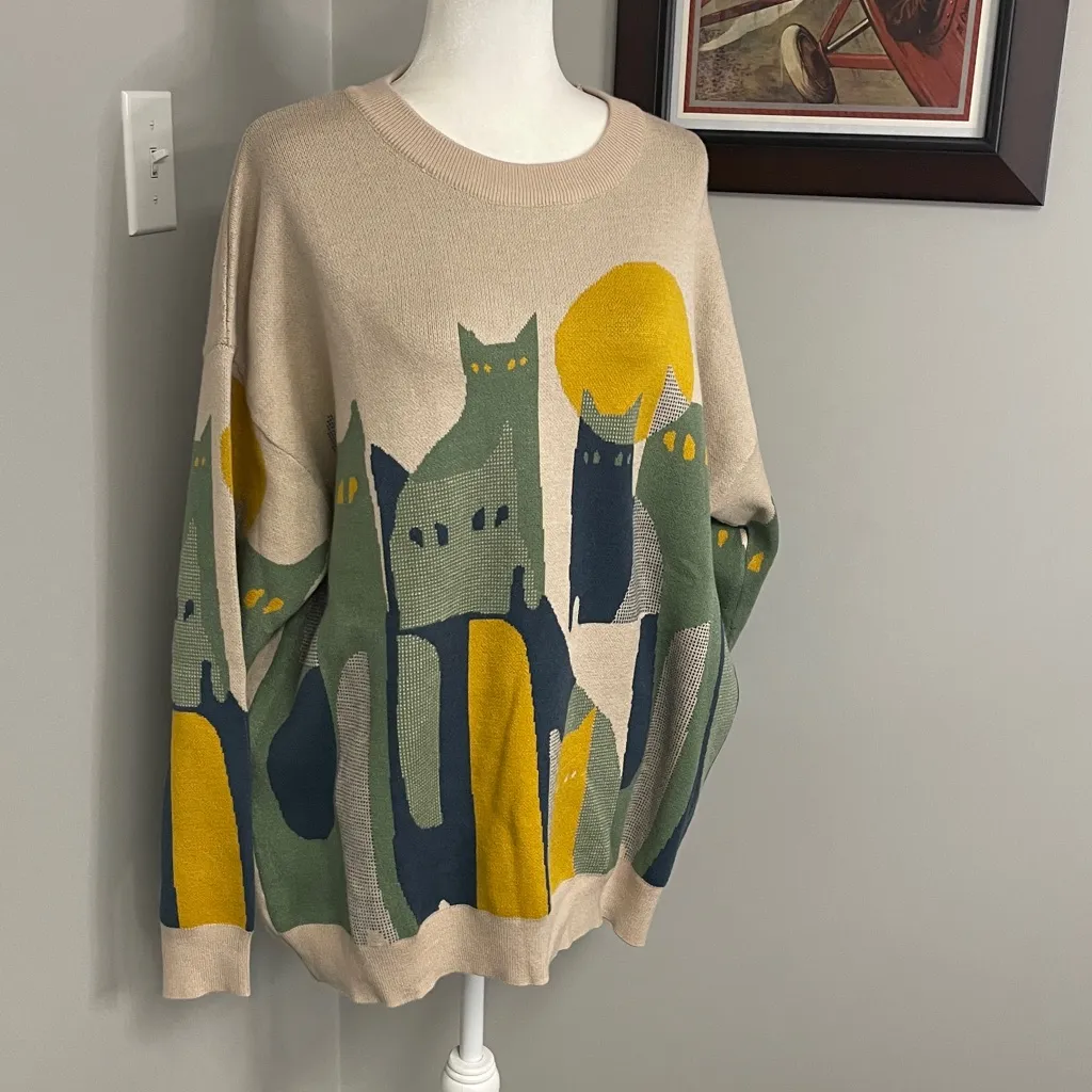 Aelfric Eden Cats Under the Moon Sweater oversized size Large Unisex Knit Green - Image 2