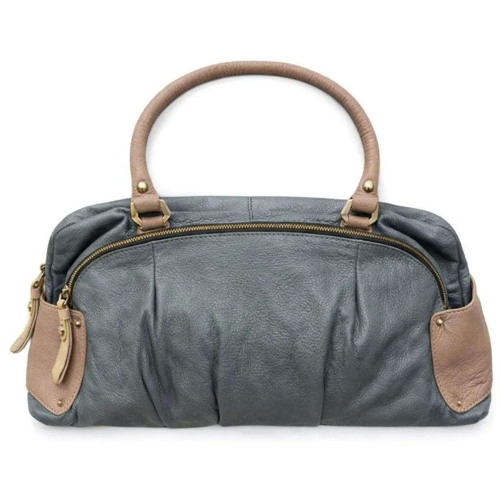 OrYany Dual Handles Leather Handbag Zip Closures Patterned Interior Blue Beige Size M - Image 6