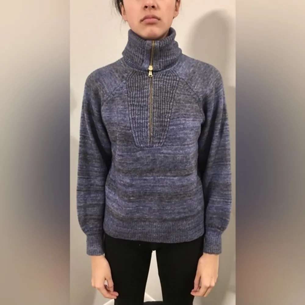 Lot of 2 J CREW Sweaters Blue Zip Turtleneck, Gray Striped Elbow Patches Medium - Image 3