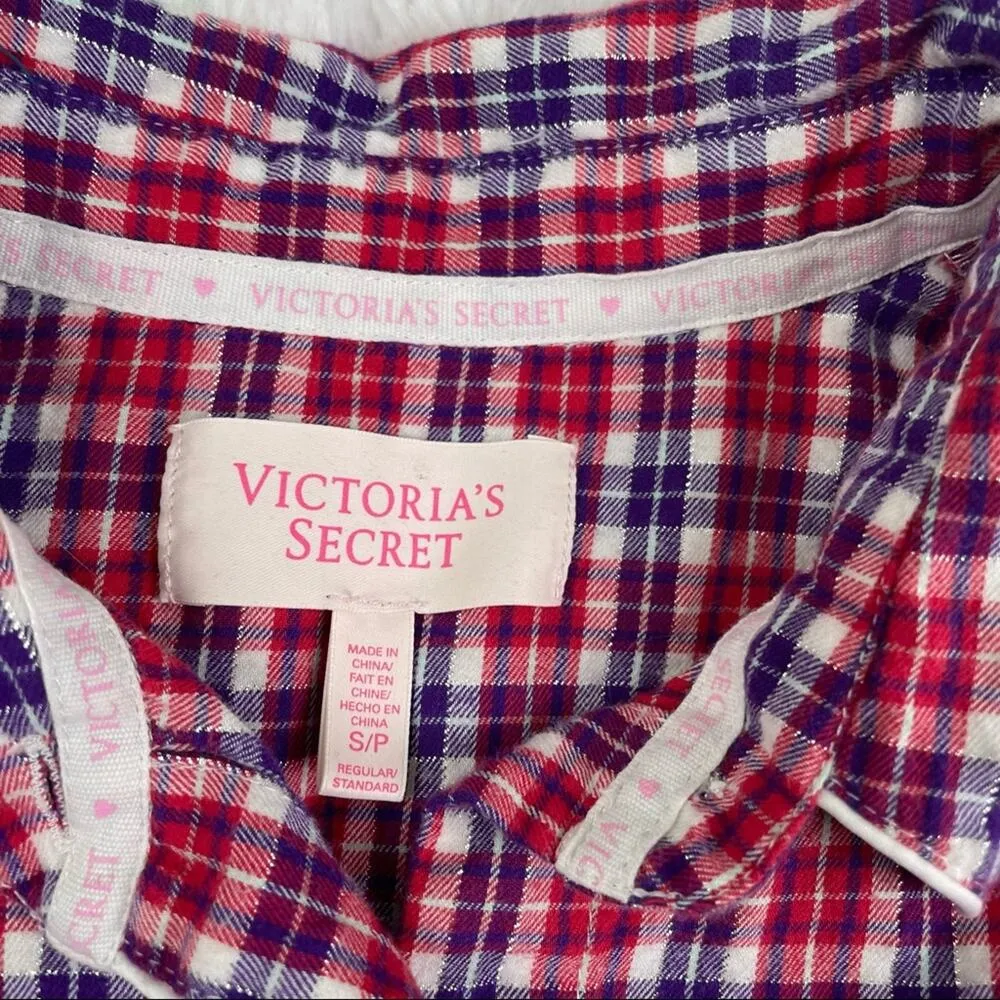 Victoria's Secret Flannel Pajama Top Metallic Thread Long Sleeve Women's Small - Image 3