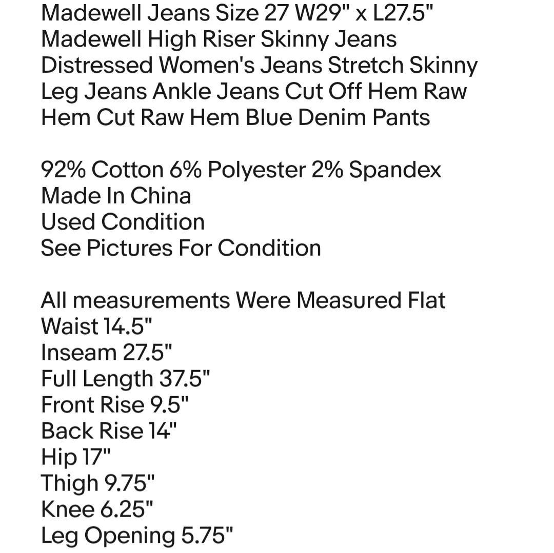 Jeans Size 27 W29" x L27.5" Madewell High Riser Skinny Jeans Distressed Women's Jeans - Image 2