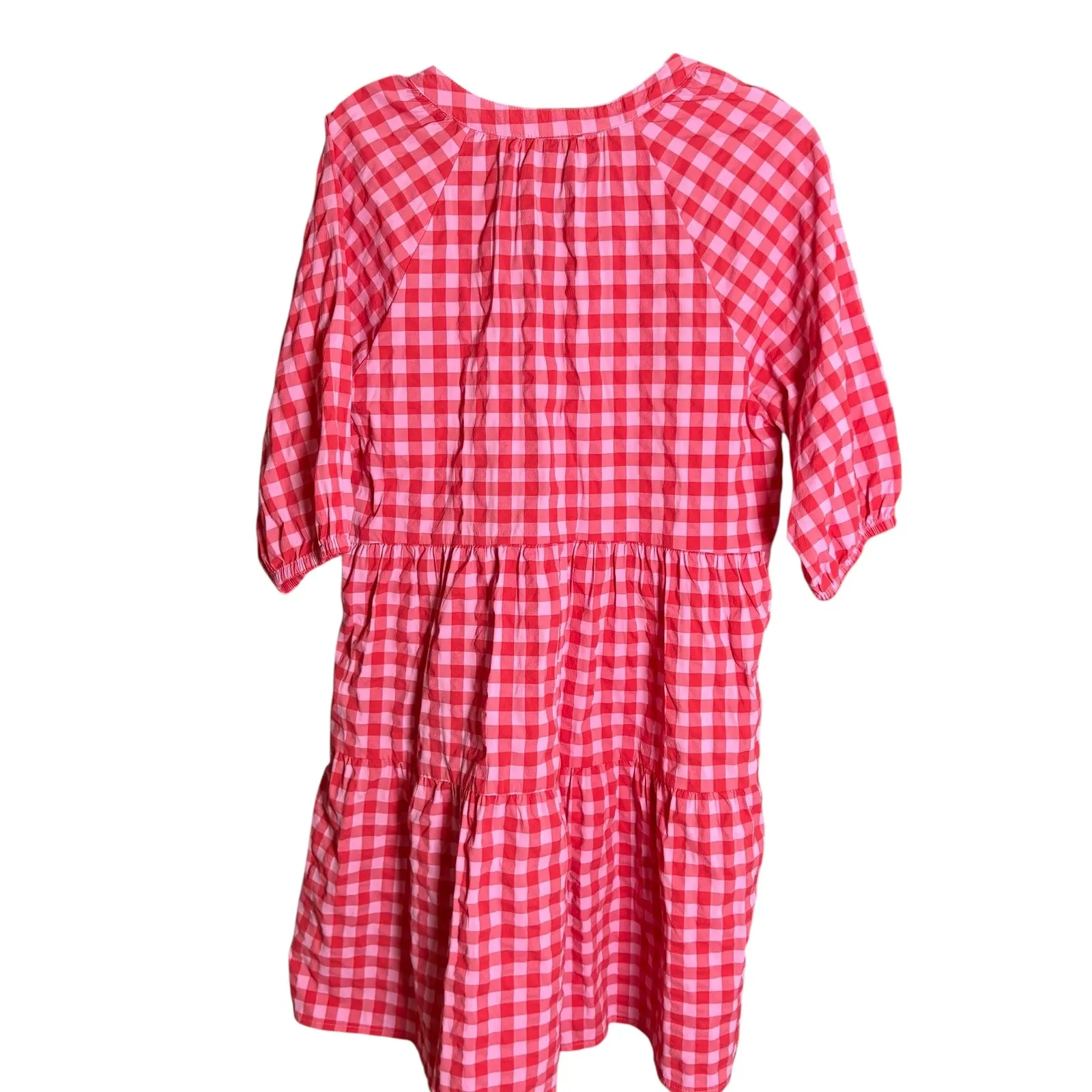 Vineyard Vines Harbor Gingham Tiered Midi Dress Pink Red V Neck 3/4 Sleeve Large - Image 2