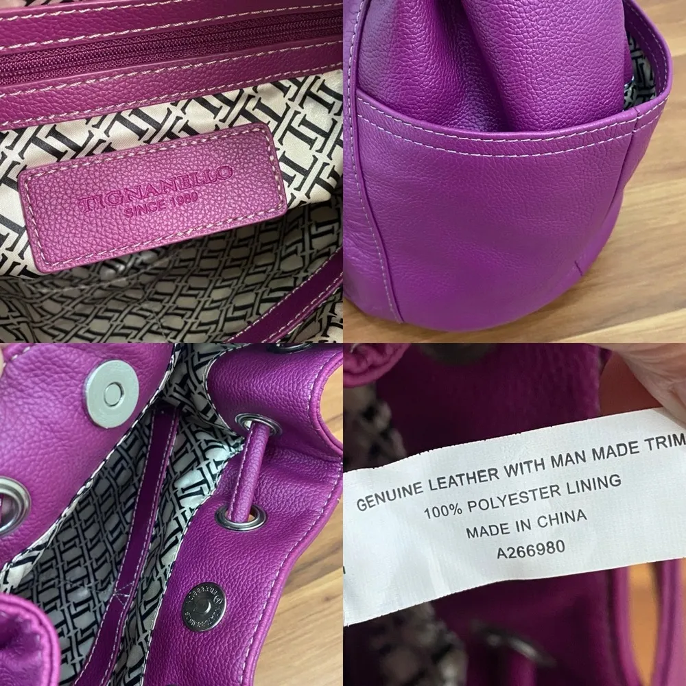 TIGNANELLO Purple Magenta Pebbled Leather Drawstring Tassel Bucket Shoulder Bag - Image 16