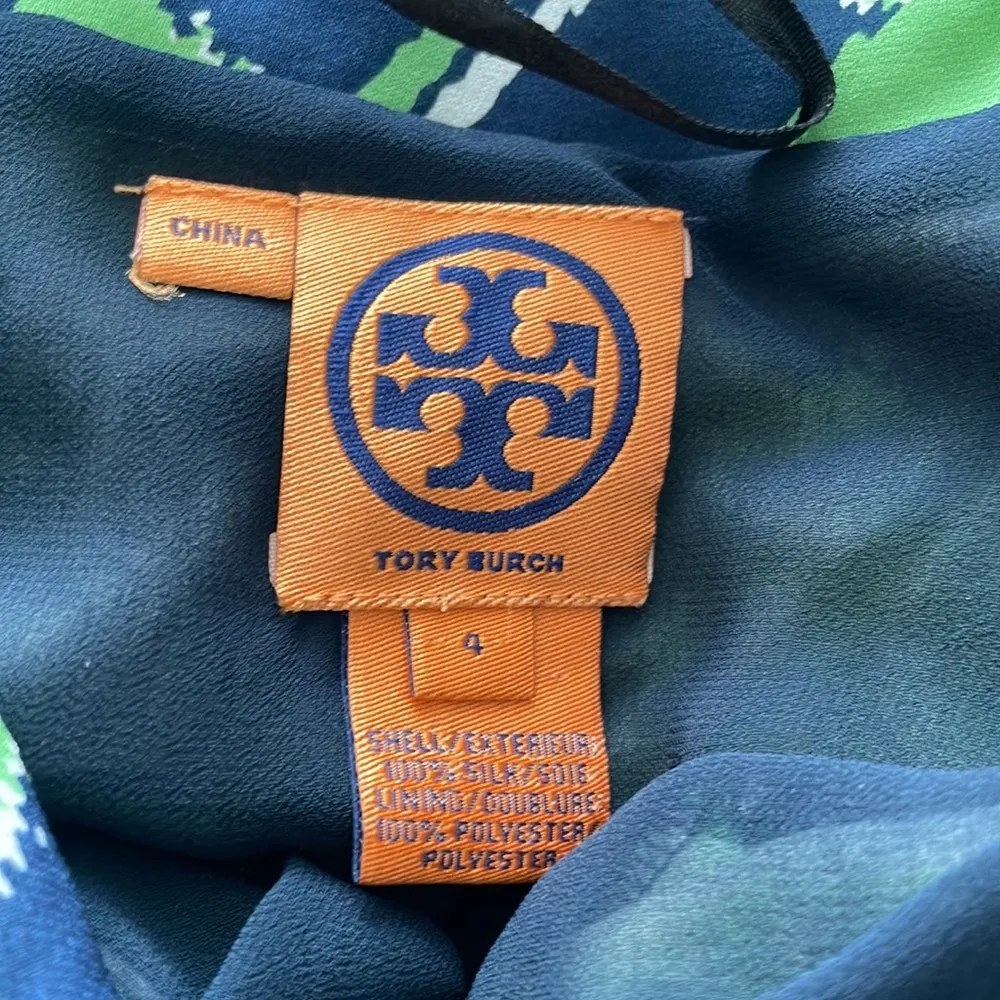 Tory Burch Eloriane Navy/Green Leaf Print Silk Halter Dress Size 4 - Image 9