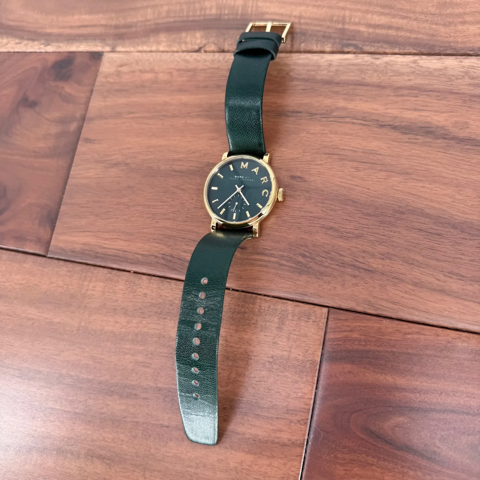 Marc by Marc Jacobs Gold Tone Green Leather Band Watch Black Face - Image 5