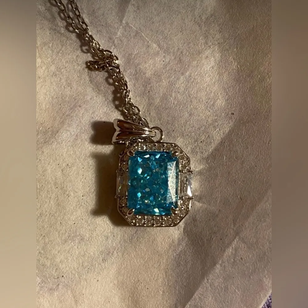 925 Sterling Silver 4 Carats Square Diamond Radiant Cut Birthstone Necklace NWT Blue - Image 2