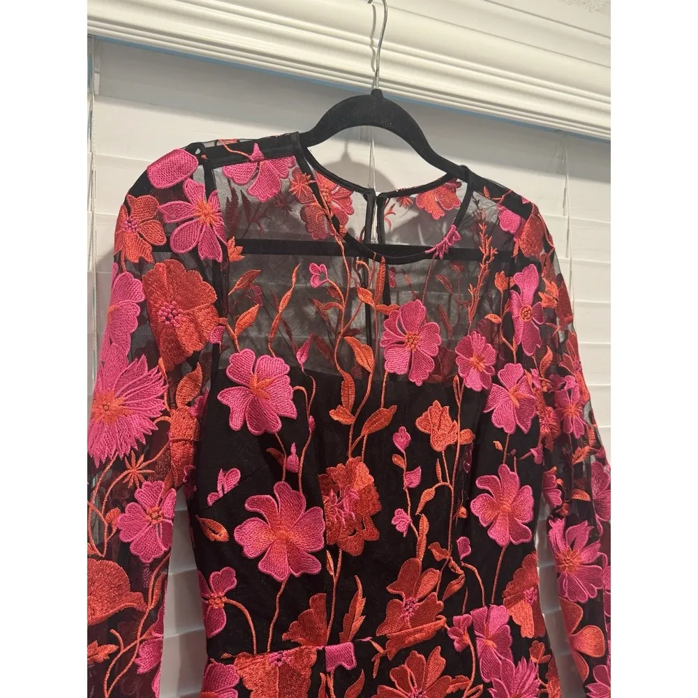 $595 Milly's Scottie Floral Mesh Lace Embroidered Mini Dress Sz 2 Red Pink Black - Image 5