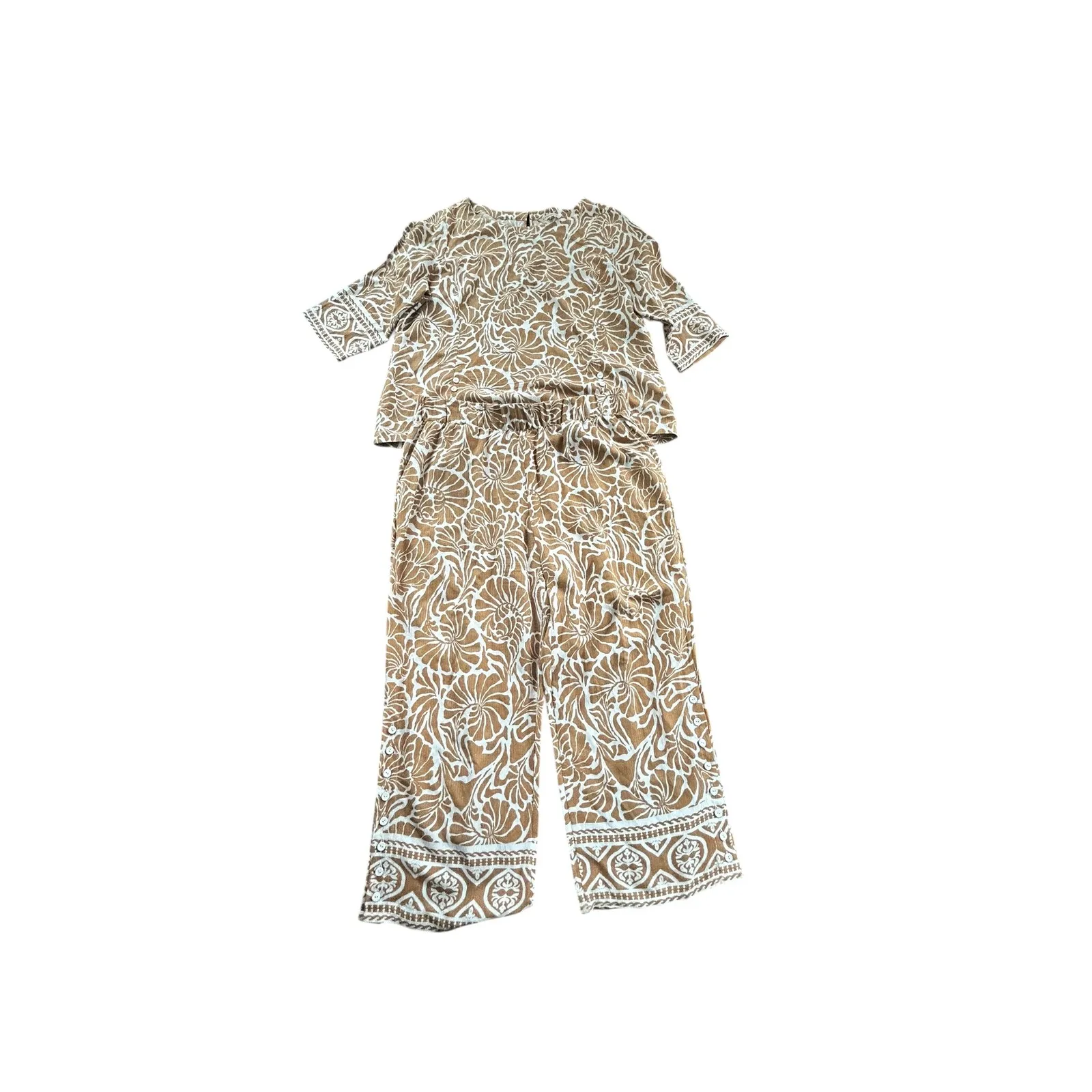 Soft Surroundings Oceo Gauze Nautical Shells Neutral Tunic Top Pants Set P XL - Image 9