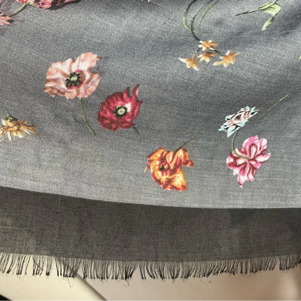 Gauzy Floral Scarf Gray Rectangular Raw Edge Fringe Polyester Women Lightweight‎ - Image 13