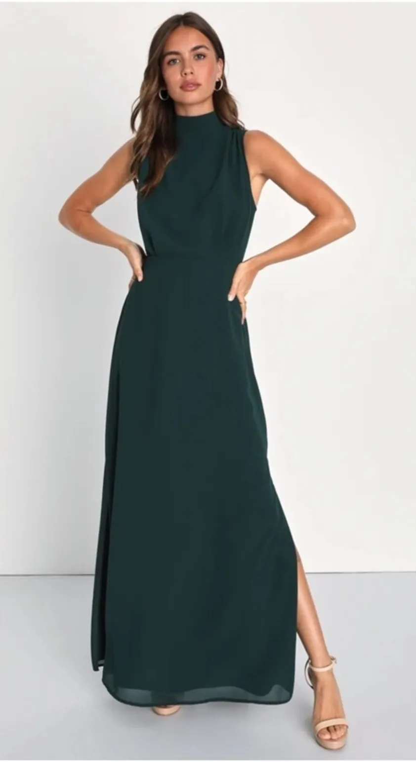 Lulus Classic Elegance Emerald Chiffon Sleeveless Mock Neck Maxi Dress Size XL - Image 1