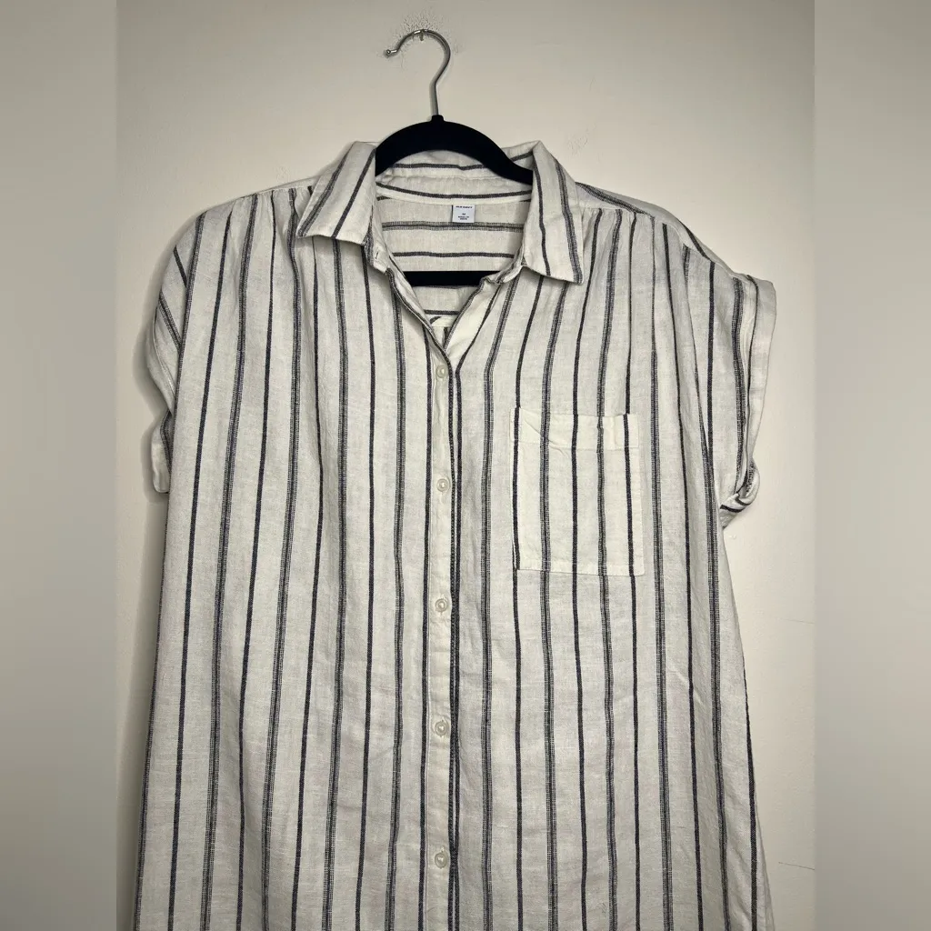 Old Navy Striped Shirt Dress Medium Linen Blend Short Sleeve Button Front‎ - Image 2