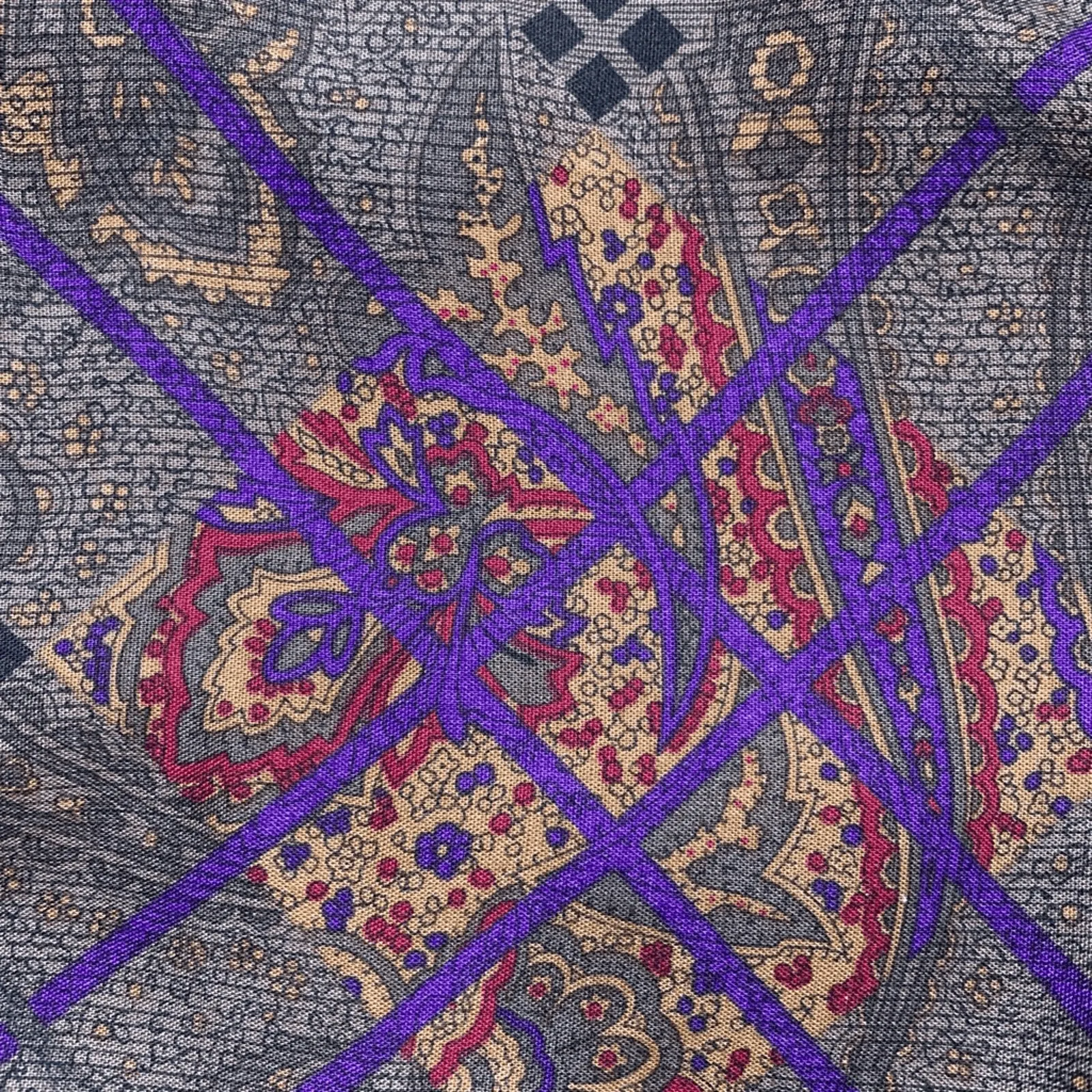 Vintage 90s Rayon Midi Skirt Taupe Purple Paisley Lattice Plaid Print High Waist Tan Size 12 - Image 8