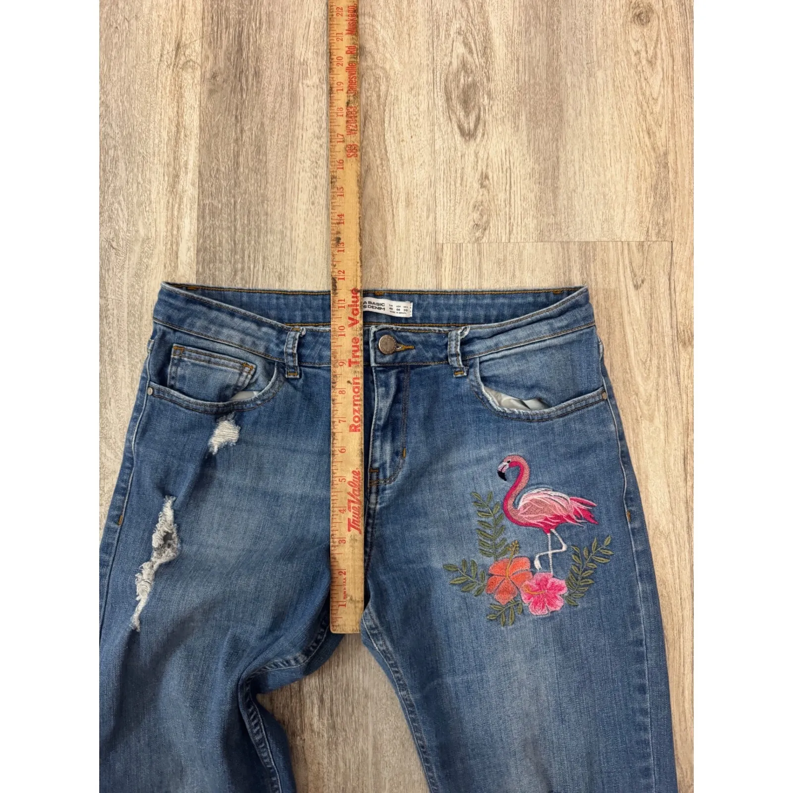 ZARA BASIC 1975 DENIM Women's Blue Flamingo Embroidered Distressed Jeans Size 30 - Image 5