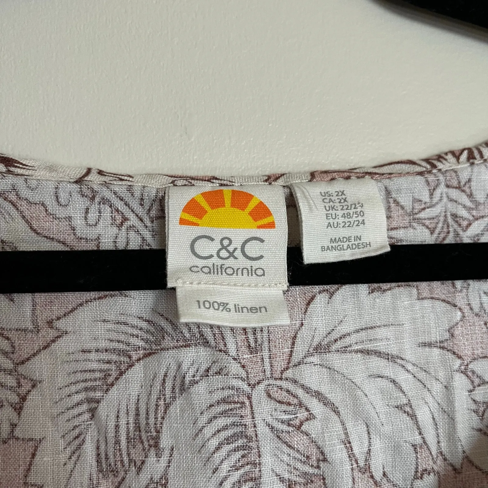 C&C California T-Shirt 100% Linen Short Sleeve Tee Pink Brown Floral Plus 2X - Image 4