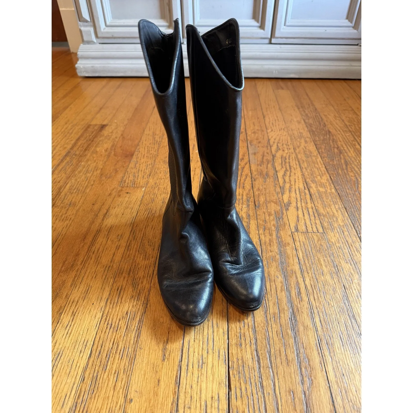 Womens Leather Boots Size 6.5 M Black Knee High Riding Reptile Trim Pointed Toe - Image 9