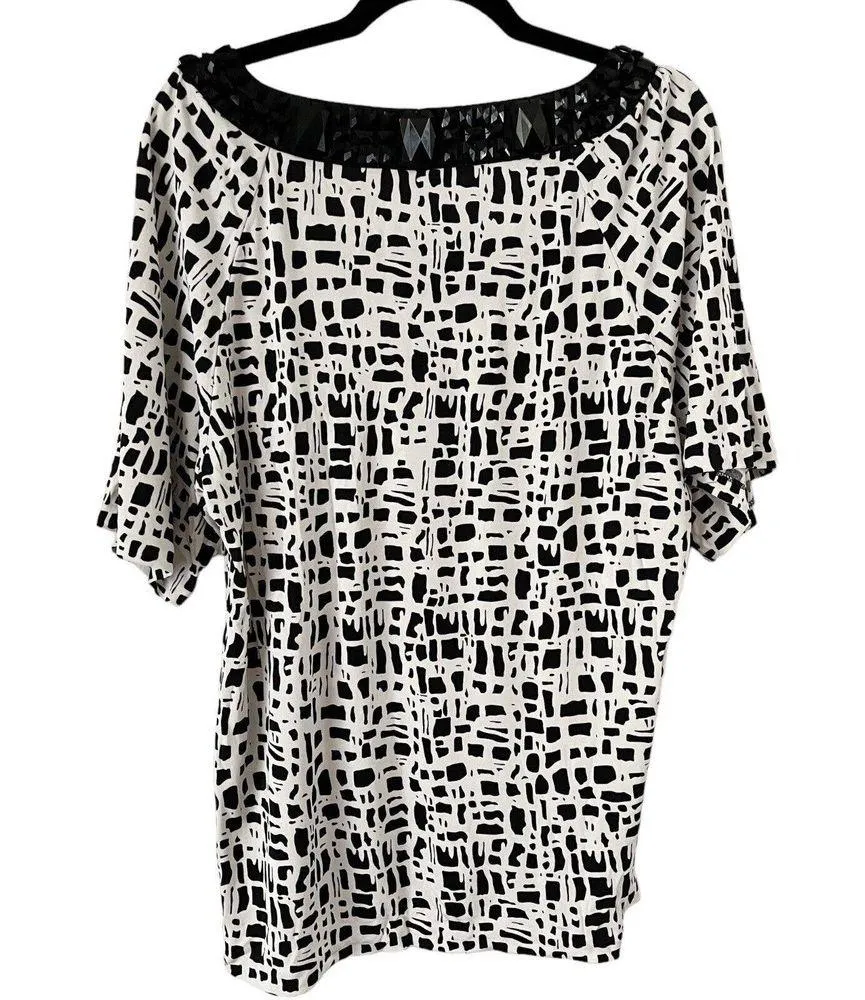 Peter Nygard Black Geo Print Beaded 100% Silk V Neck Blouse Women’s Size XL - Image 2