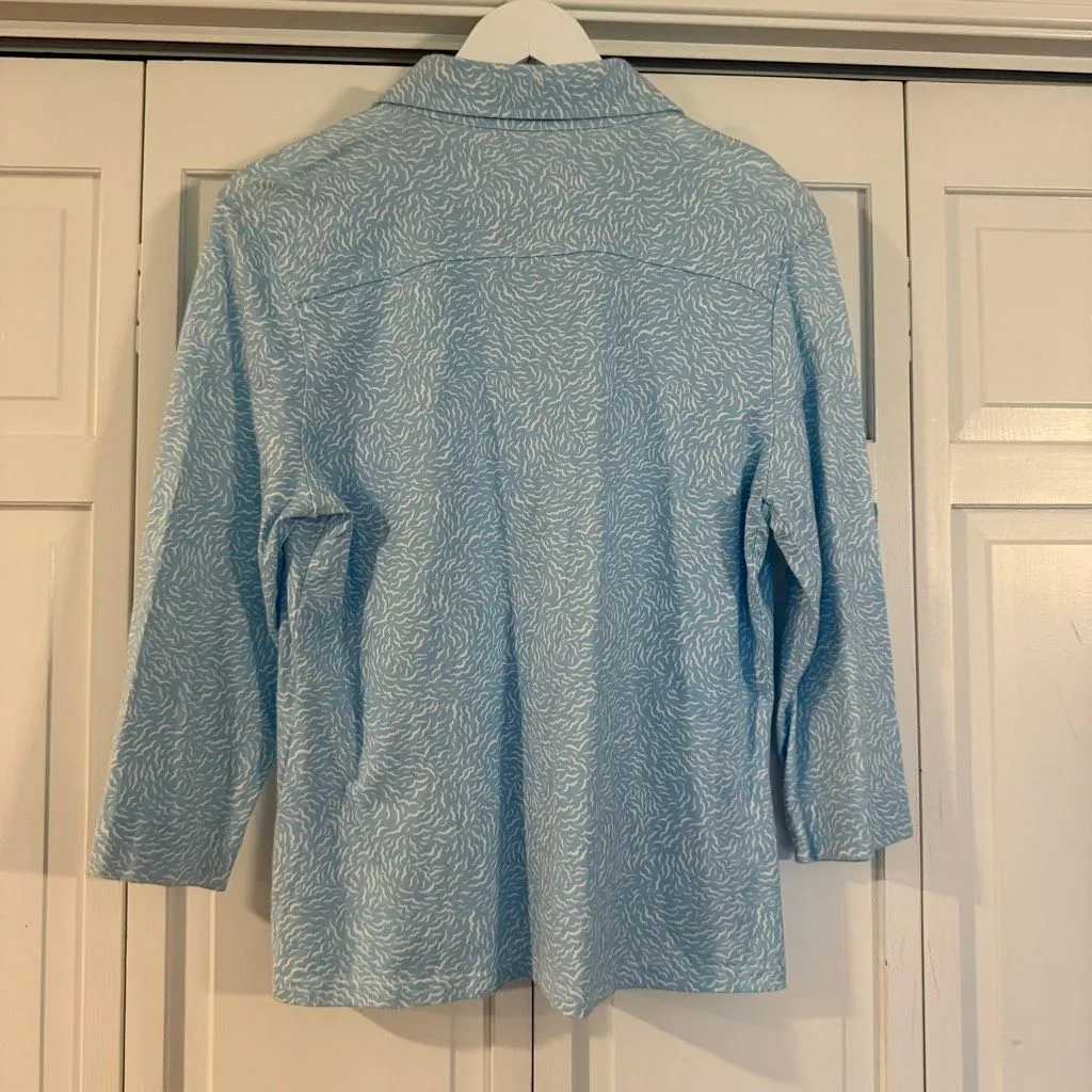J. McLaughlin Monroe collared blue wave cloud print polo blouse XL - Image 5