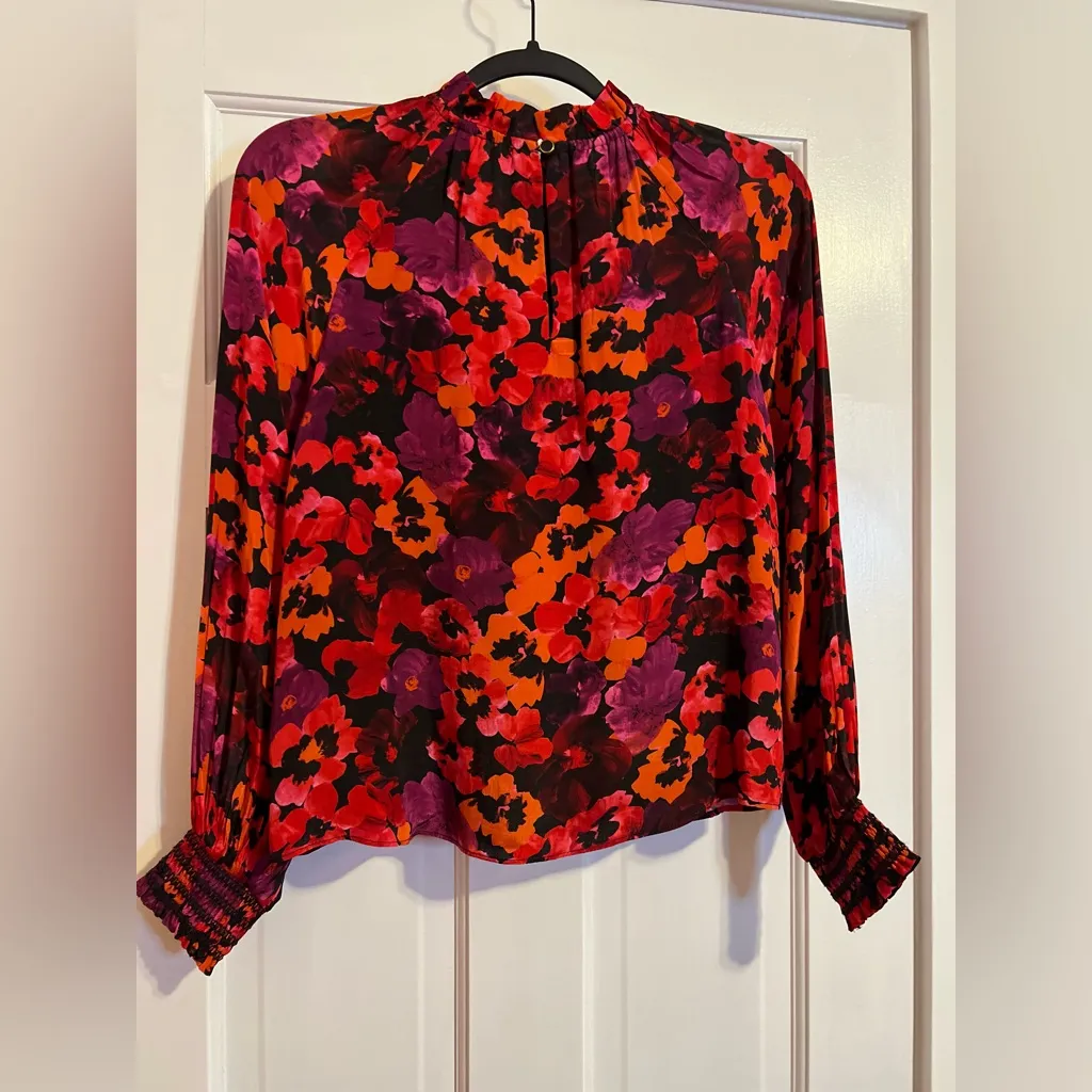 SAYLOR BECK ABSTRACT RED ORANGE PURPLE FLORAL RUFFLE MOCK NECK BLOUSE SIZE XS - Image 5