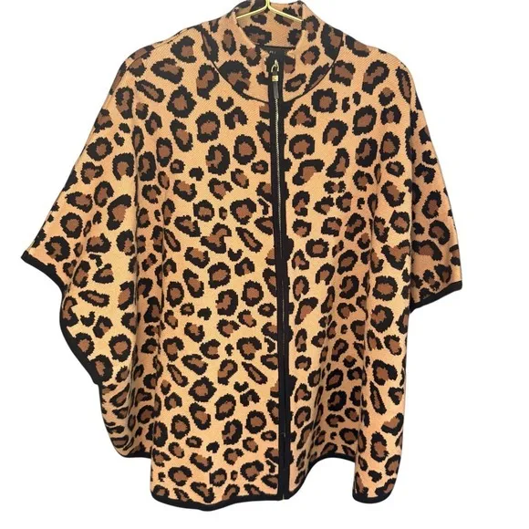 Tahari‎ Leopard Print Knit Zip Front Cape Poncho Jacket S/M - Image 2