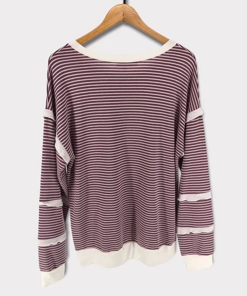 Brigitte Brianna Sexy Modest Mauve Cream Striped Ruffle Sleeve Sweatshirt Large Purple - Image 8