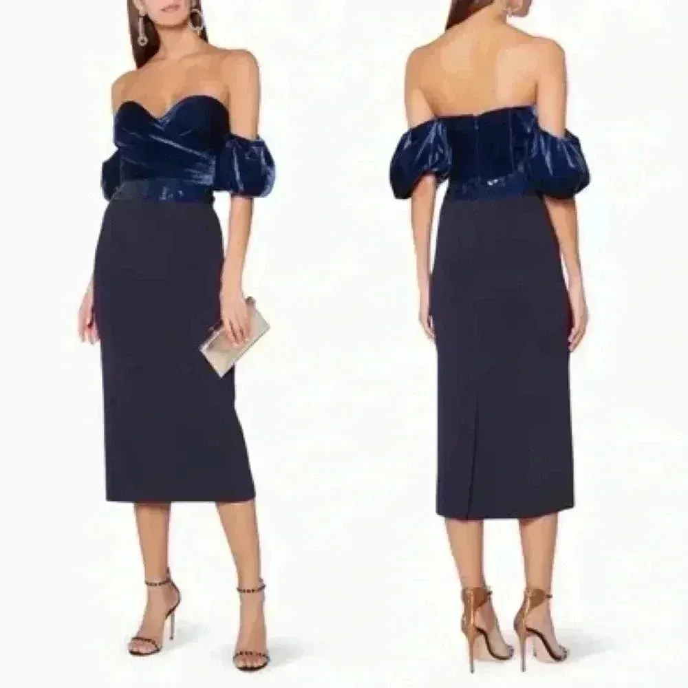 NWOT SACHIN & BABI Off-The-Shoulder Soto Midi Dress Size 6 Blue Sapphire Silk - Image 4