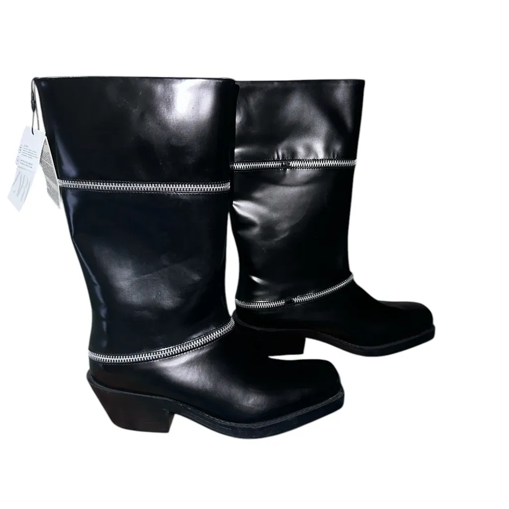 NWT Zara Black ZIPPERED LEATHER Mid Calf Boots EU 36 US 6 Black Bloggers Fave - Image 11