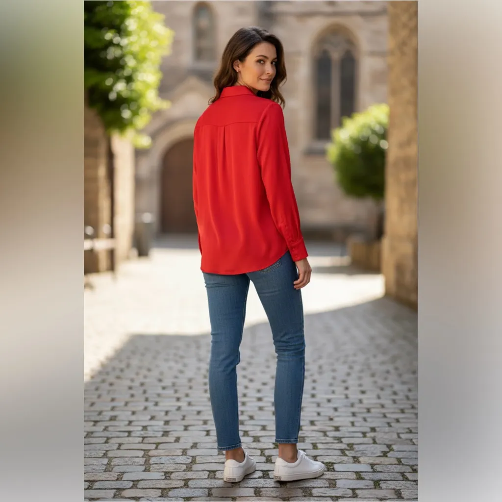 NWT A new day ong Sleeve Collared Satin Button Down Shirt Scarlet Red. XS - Image 4