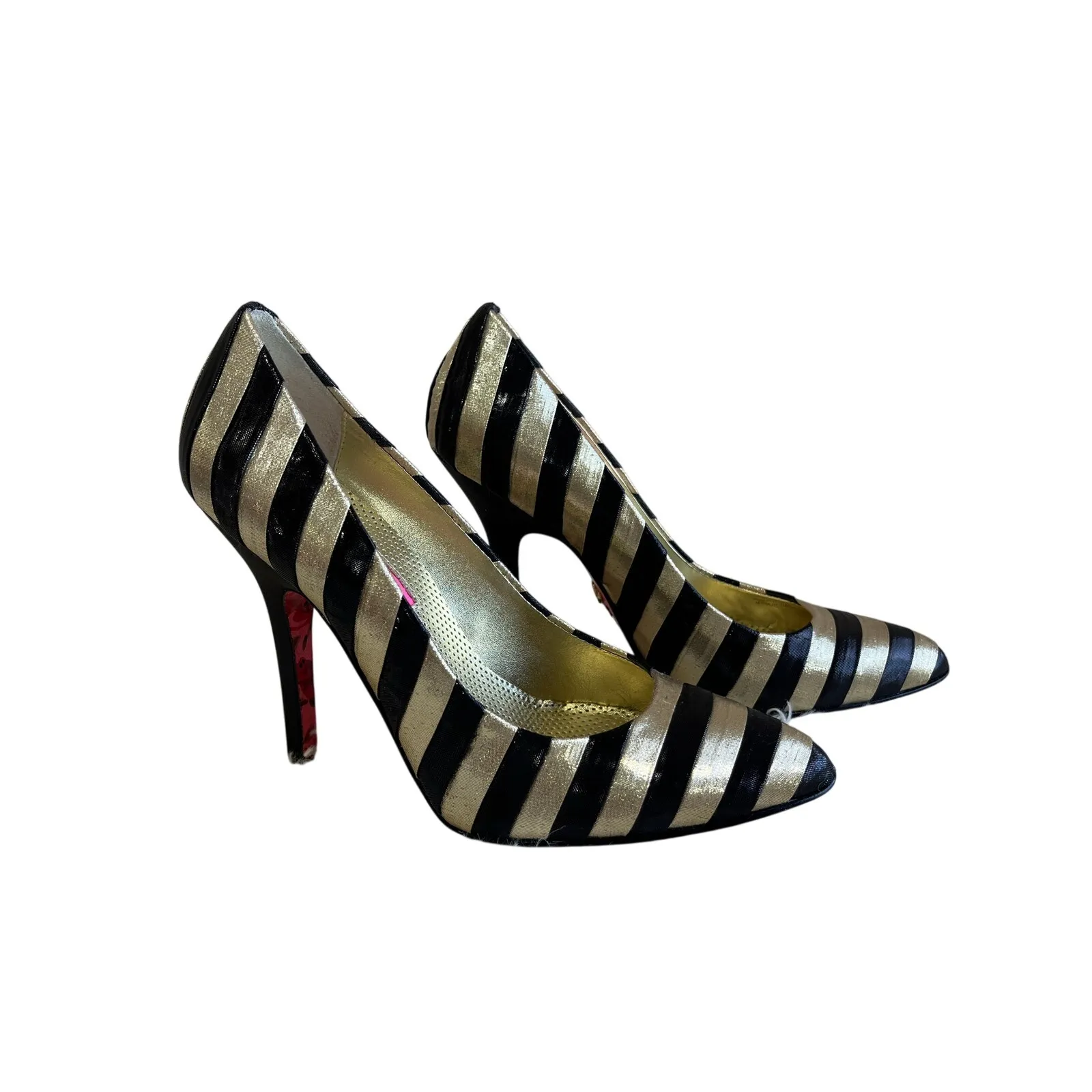 Vintage Betsey Johnson Black Gold Stripe Stiletto Pumps Glam Heels Size 5.5 - Image 2