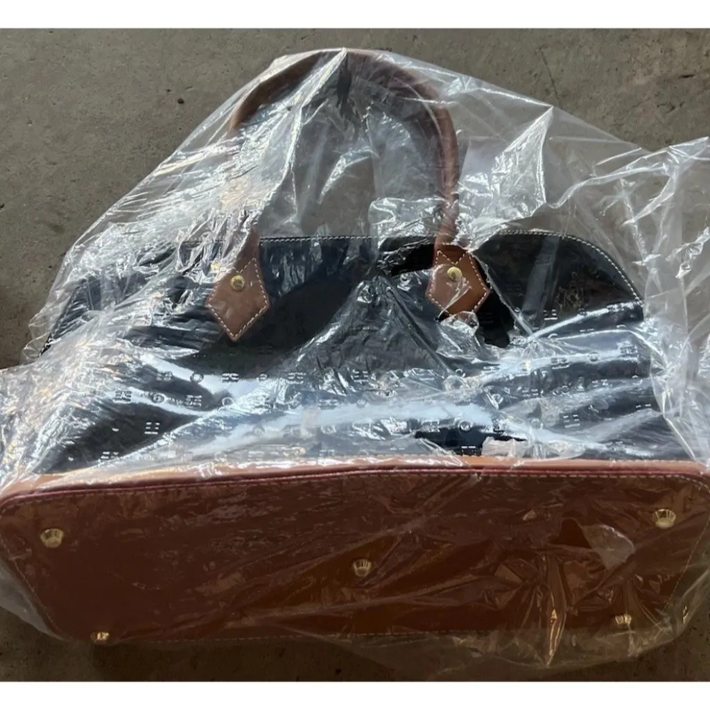 ARCADIA Italy Black Patent & Tan Leather Large Shoulder Handbag Purse Satchel - Image 4