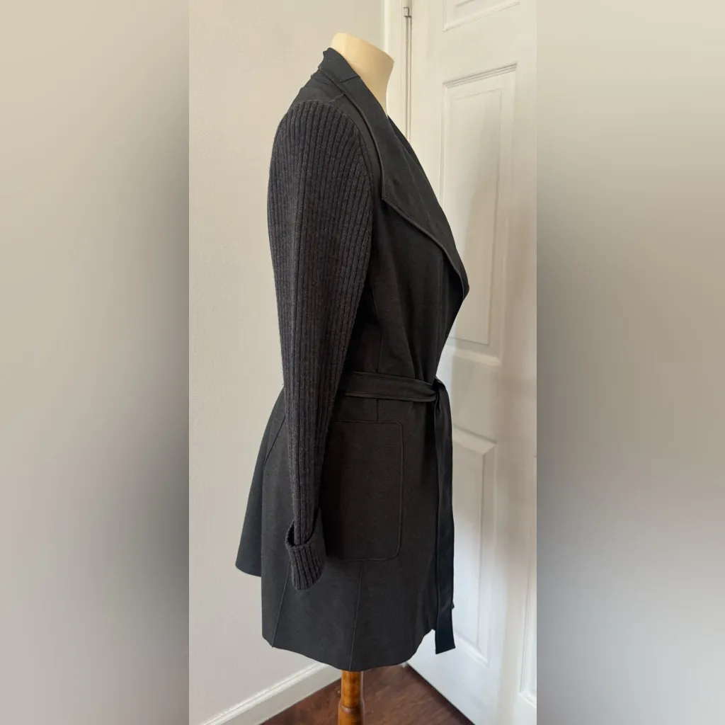 Lafayette 148 Belted Open Front Trench Coat Ribbed Knit Sleeves Gray Size Medium - Image 5