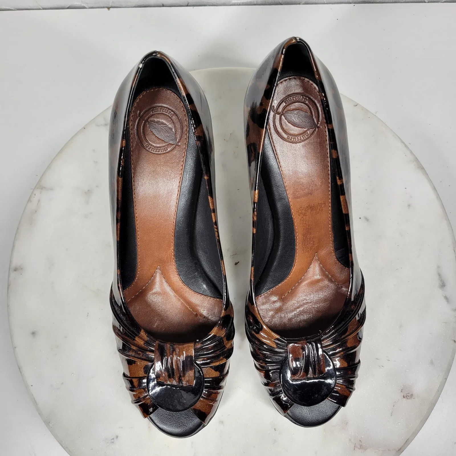 VTG‎ Nurture Drake Leopard Heels Womens 8 Brown Patent Leather Peep Toe Pumps - Image 7