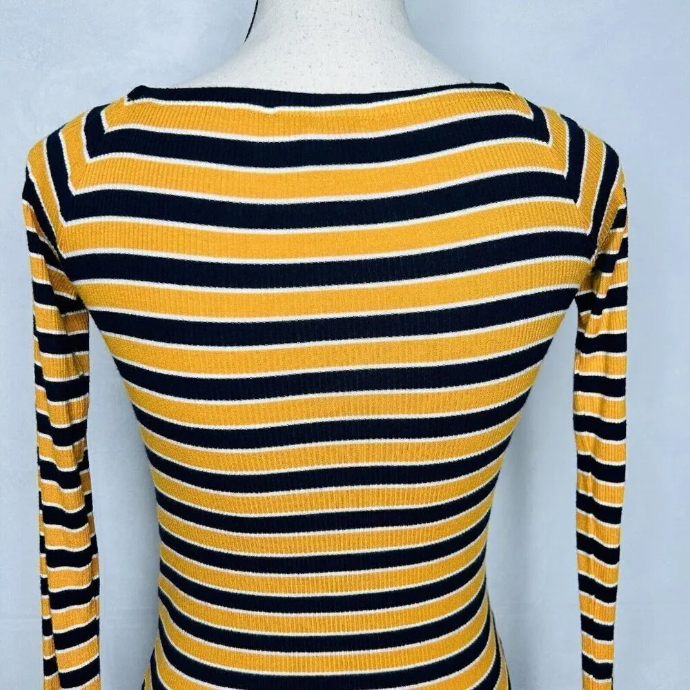 Forever 21 Long-Sleeve Ribbed Shirt Womens Size S Gold Navy Striped Rayon Blend - Image 7